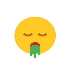 Yellow emoji face with closed eyes and green vomit coming from the mouth expressing sickness feeling bad