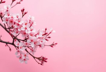 Fototapeta premium Pink background, delicate sakura blossoms, ample copy space, minimal, japanese