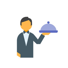 Illustration of a waiter holding a covered dish with a bow tie and suit in a flat design style