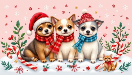 Obraz premium three puppies wearing festive winter clothing and holding up christmas carols are the focal point of this holiday themed image