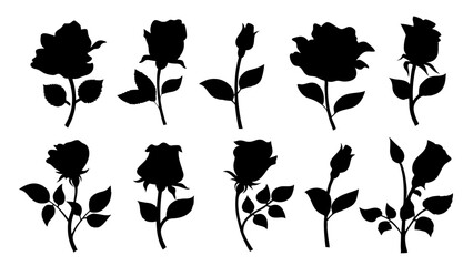 Set of decorative rose with leaves. Flower silhoutte. Vector illustration