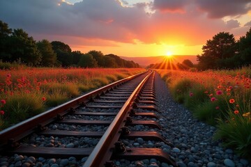 Fototapeta premium Sunrise over scenic railway tracks winding through vibrant wildflowers , railroad, vibrant