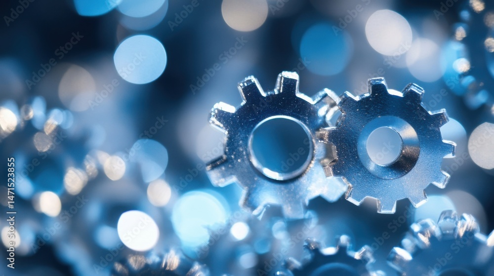 Leinwandbilder Closeup of Interlocking Metallic Gears Against a Blue Bokeh Background, Symbolizing Teamwork and Precision Engineering. : Generative AI