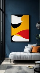 Modern abstract wall art in stylish living room with cozy decor