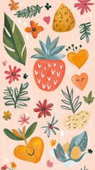 Colorful Floral and Fruit Pattern with Tropical Elements for Decor