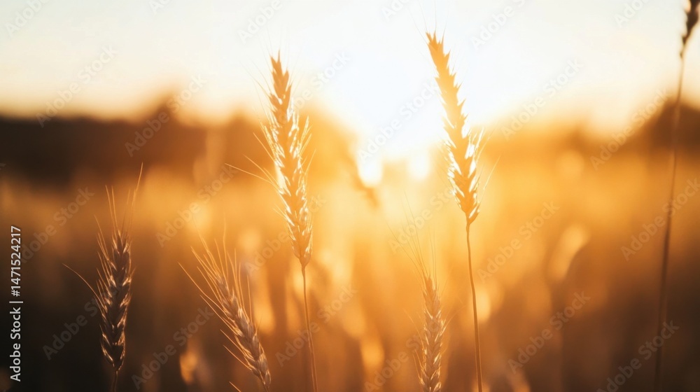 Poster golden wheat stalks illuminated by the setting sun, creating a warm and peaceful summer landscape. t