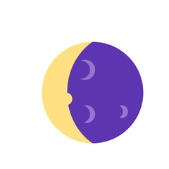 Illustration of a crescent moon with a yellow outer layer and three smaller moons inside a purple circle