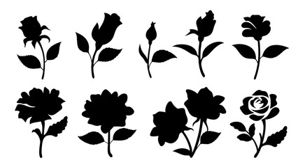 Set of decorative rose with leaves. Flower silhoutte. Vector illustration