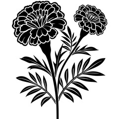 Marigold with leaves. Flower silhoutte. Vector illustration