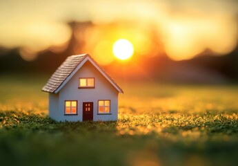 A miniature white house sits on a grassy field, bathed in the warm glow of a vibrant sunset, symbolizing home, peace, and tranquility. : Generative AI