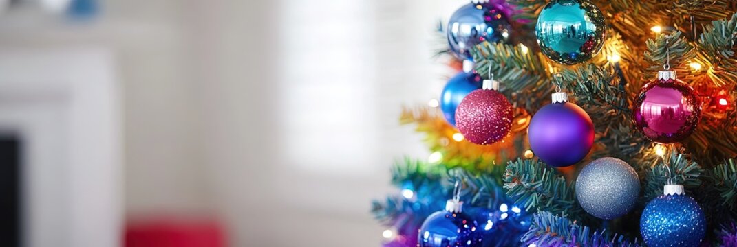 rainbow christmas tree with metallic ornaments, lights, and tinsel - Powered by Adobe