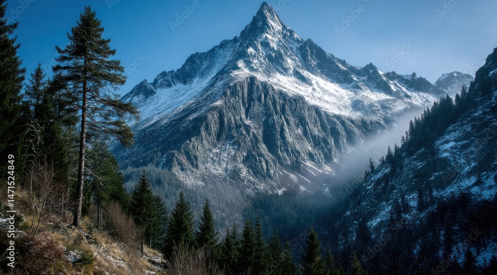 Poster majestic snow-capped peak rises above a dense evergreen forest, sunlight illuminating the mountain's