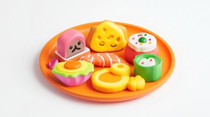 Colorful food-themed figurines on an orange plate