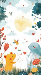 Naklejka premium Cute Bears in a Colorful Forest Embracing Under the Sun