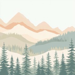 Fototapeta premium A serene landscape featuring mountains and evergreen trees in soft pastel colors.
