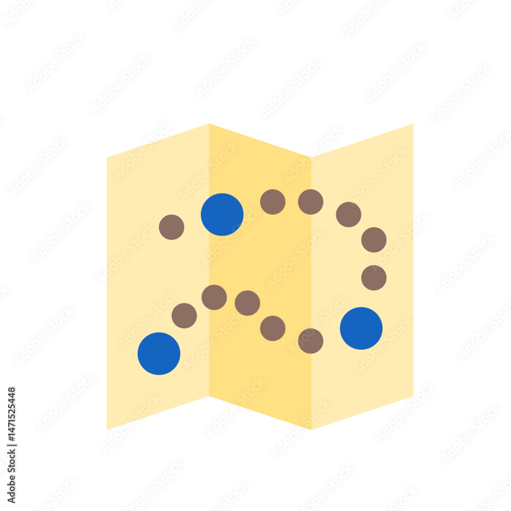 Poster a folded yellow map with a path marked by brown dots and highlighted with blue circles indicating st