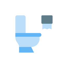Illustration of a light blue toilet with a roll of toilet paper hanging on the wall, simple design