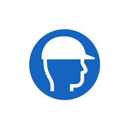 Illustration of a white silhouette of a head wearing a hard hat inside a blue circle safety sign symbol