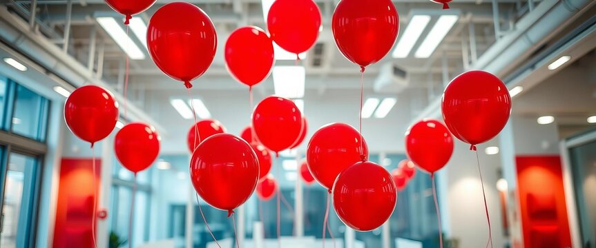 Red balloons floating in a brightly lit festive office setting, scene, workplace
