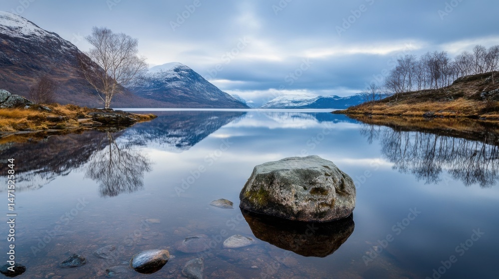 Poster serene winter landscape: a solitary rock rests in the crystal-clear waters of a calm lake, mirroring