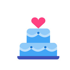 A two tier blue cake with a pink heart on top and blue dots decorating the tiers in a flat design