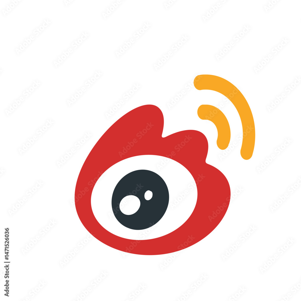 Poster red abstract shape with a black eye and yellow wifi signal on a white background is displayed here