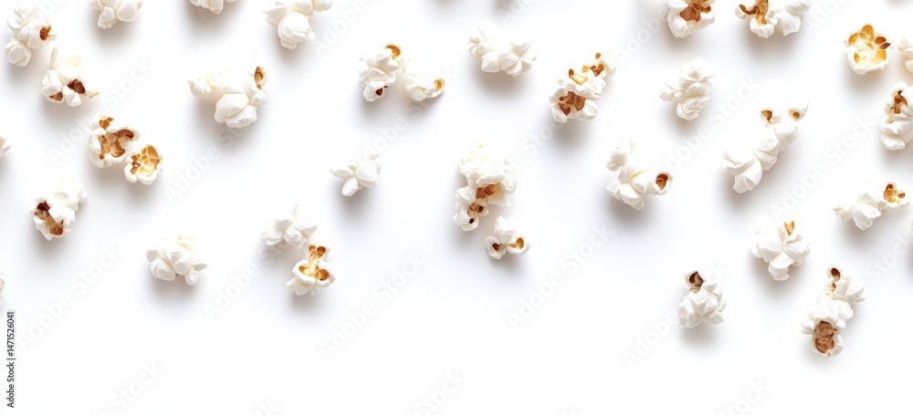 Poster A delightful scattering of popcorn kernels on a pristine white surface, creating a playful and appetizing image perfect for movie night promotions or food-related projects. : Generative AI