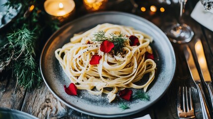 Artfully plated pasta entree with red flower petals and fresh dill over elegant table setting
