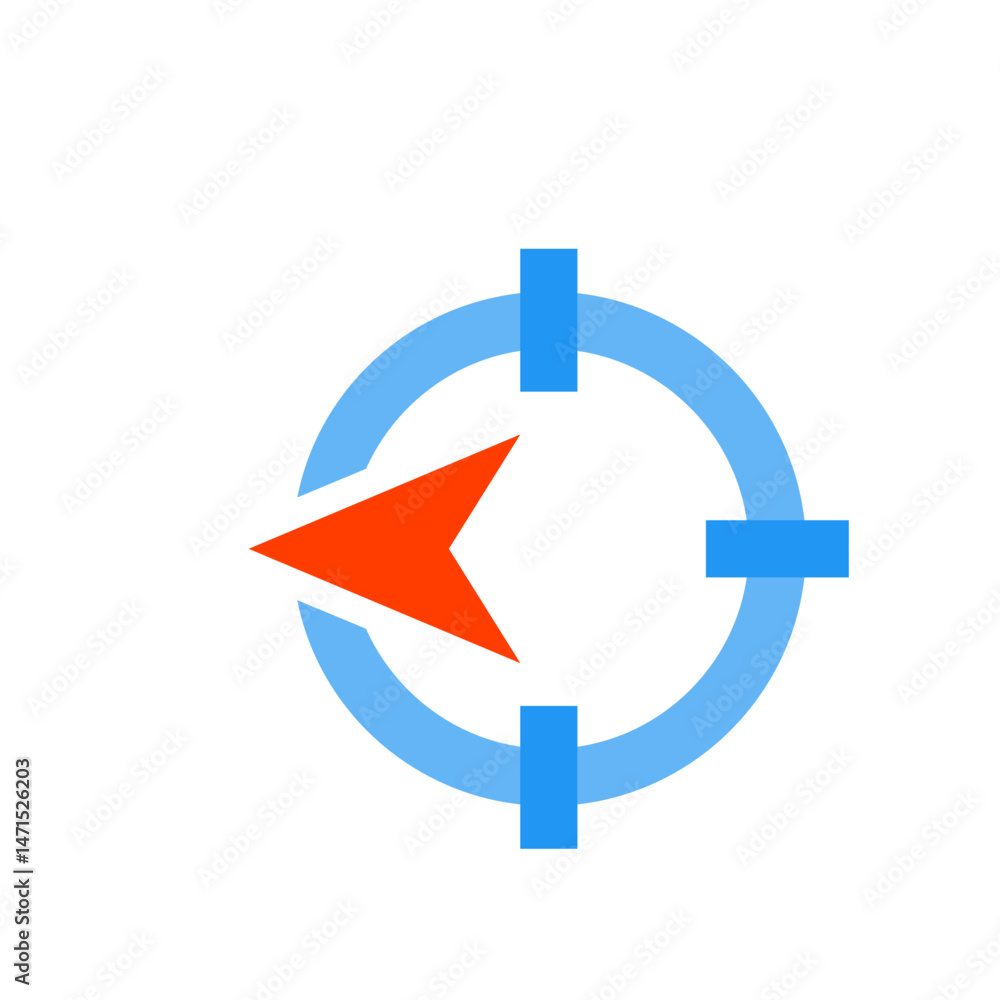 Poster compass icon with a red arrow pointing left inside a blue circle with blue rectangular markers aroun