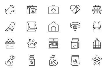 Fototapeta premium Pet shop line icons set, dog, cat, puppy, animals. Pet, vet, pet shop, types of pets - minimal thin line web icon set. Editable stroke outline icon.