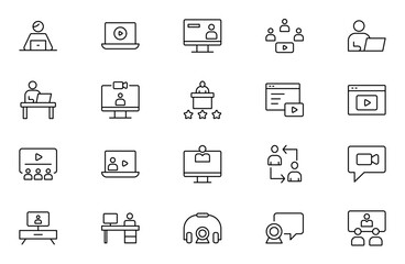 Video Conference outline icons set. Live webinar icons for web and mobile app. Containing conference, business meeting,  team, interview, conference, Video call. Editable stroke outline icon.