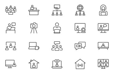 Video Conference outline icons set. Live webinar icons for web and mobile app. Containing conference, business meeting, team, interview, conference, Video call. Editable stroke outline icon.