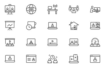 Video Conference outline icons set. Live webinar icons for web and mobile app. Containing conference, business meeting, team, interview, conference, Video call. Editable stroke outline icon.