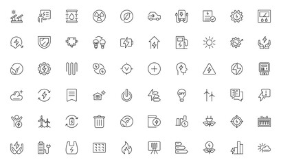 Energy efficiency line icon set. Calculator, energy-saving light bulb, piggy bank, solar panel, circular economy, battery, insulation, energy class vector illustration. Editable stroke outline icon.