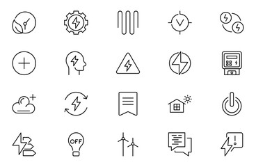 Energy efficiency line icon set. Calculator, energy-saving light bulb, piggy bank, solar panel, circular economy, battery, insulation, energy class vector illustration. Editable stroke outline icon.