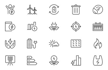 Energy efficiency line icon set. Calculator, energy-saving light bulb, piggy bank, solar panel, circular economy, battery, insulation, energy class vector illustration. Editable stroke outline icon.