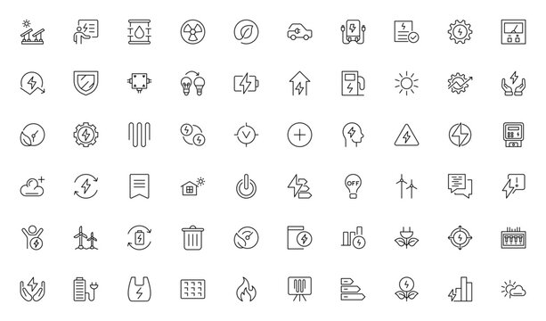 Energy efficiency line icon set. Calculator, energy-saving light bulb, piggy bank, solar panel, circular economy, battery, insulation, energy class vector illustration. Editable stroke outline icon.