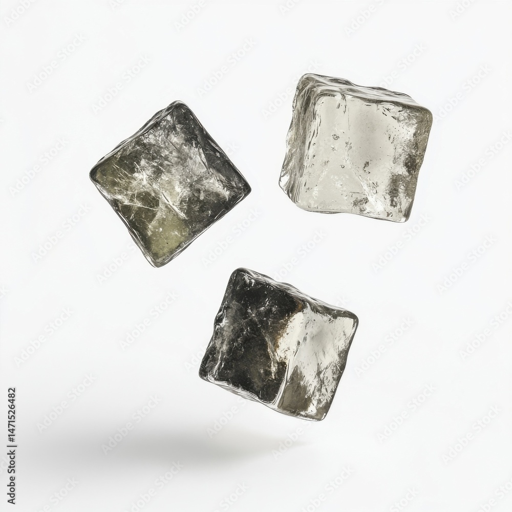 Poster three translucent ice cubes levitate against a stark white backdrop, showcasing their crystalline st