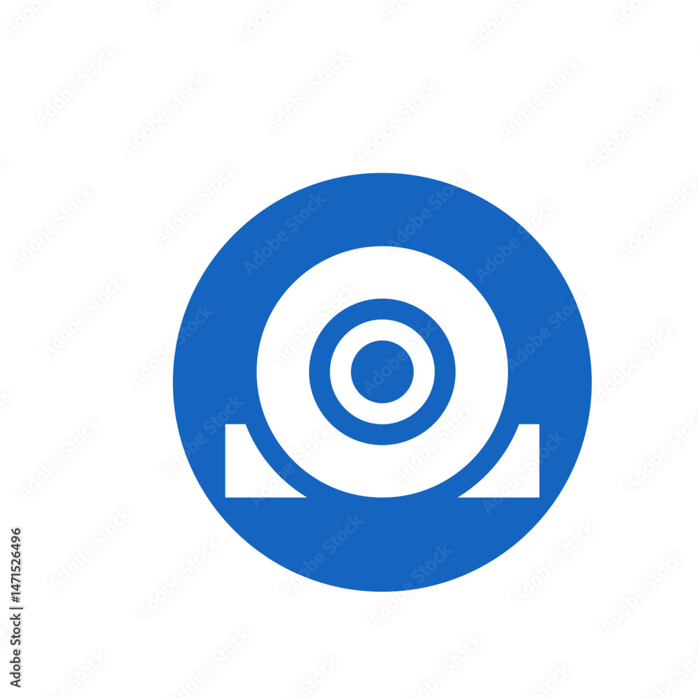 Poster a blue circle containing a white circular shape with a smaller circle inside and two white shapes be