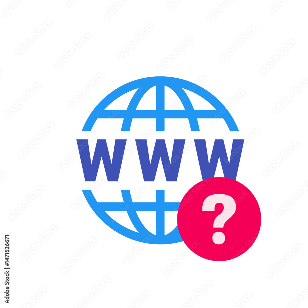 Poster blue globe with www text and a red circle containing a question mark on a white background image vie
