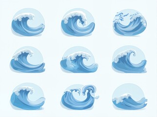 Fototapeta premium a set of small, minimalist 2D vector icons representing different types of waves and a vortex. Each icon should be easily recognizable with simple shapes and a limited color palette.