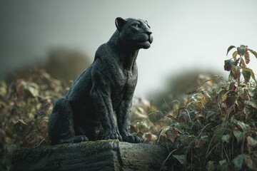 Obraz premium Dark panther statue perched on a stone ledge amidst foliage.