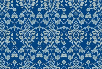 Fototapeta premium Repetitive indigo blue vintage wallpaper pattern, floral damask design, elegant, graphic