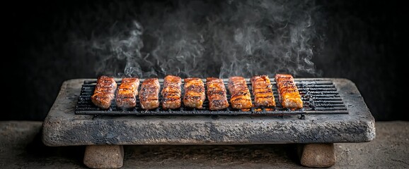Grilled meat on a stone fire pit