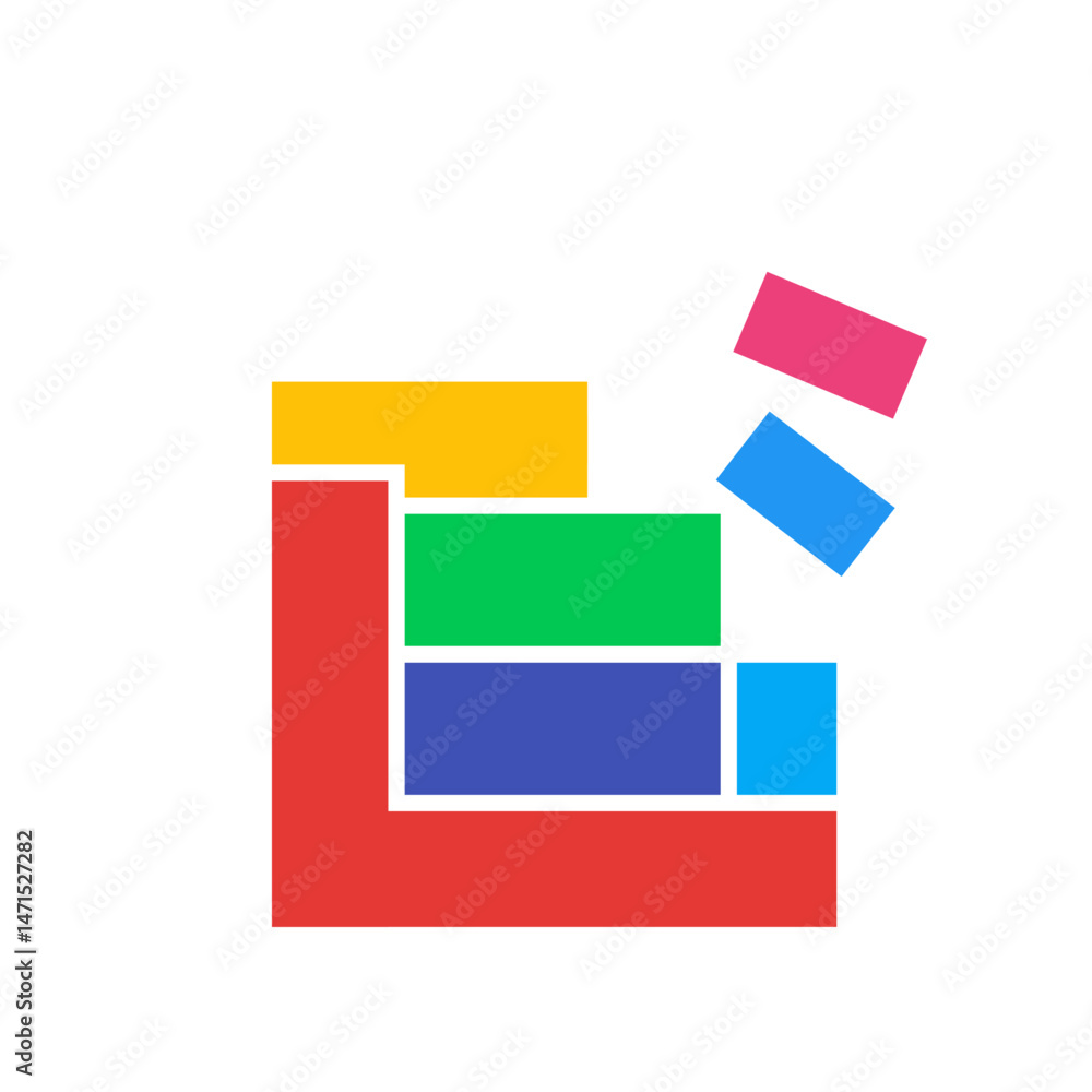 Poster colorful rectangular blocks arranged in an l shape with two blocks floating above forming a design