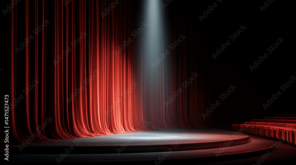 Poster empty stage with red curtains and spotlight, showcasing a presentation space, ideal for theater, per