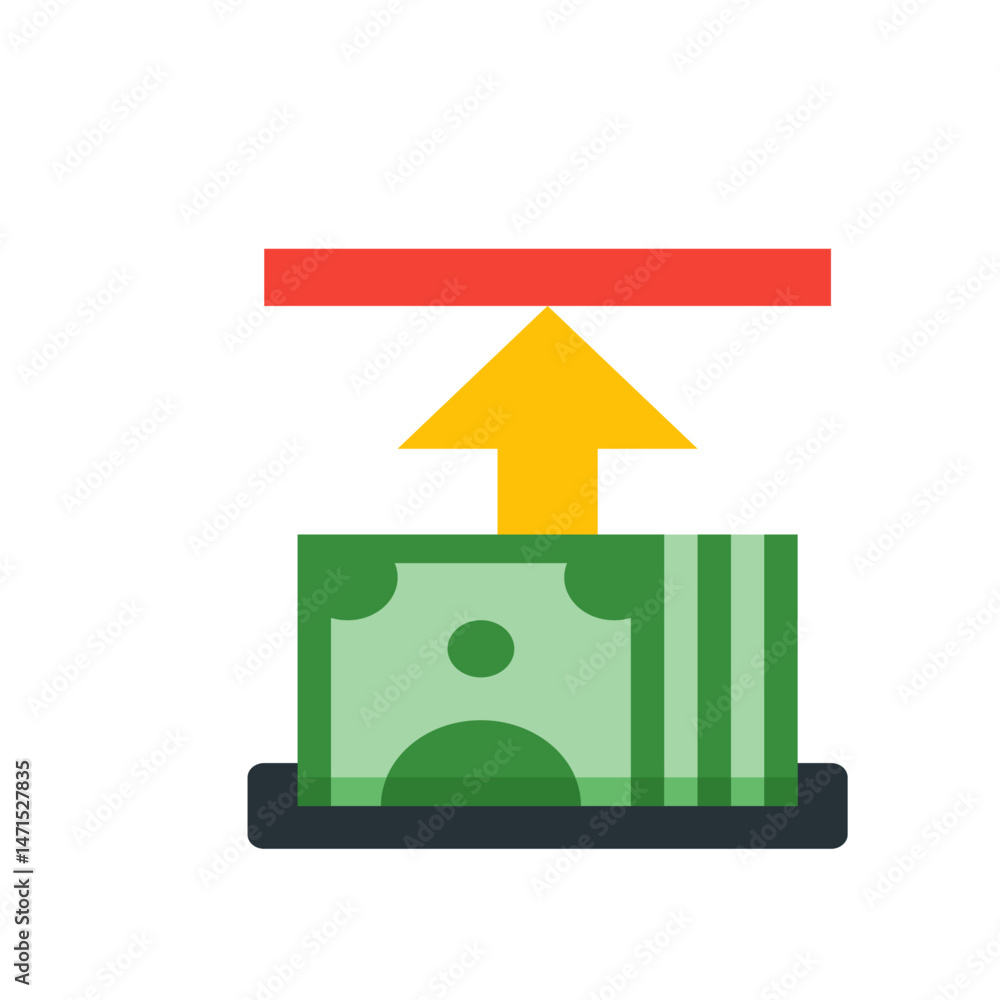 Poster illustration of a stack of money with a yellow arrow pointing upwards and a red bar on top of it