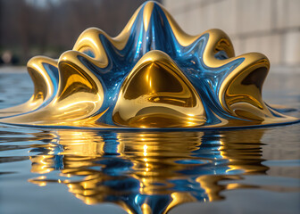 Gold blue metallic abstract form floating on water