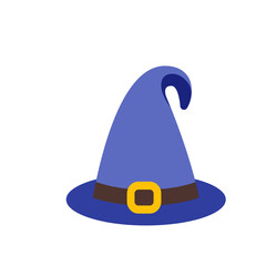 Illustration of a periwinkle witch hat with a brown band and yellow buckle on a white background scene
