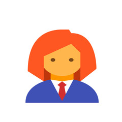 Illustration of a woman with red hair wearing a blue suit and red tie in a flat design style portrait